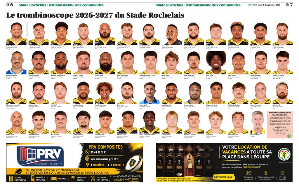Trombinoscope 2026-2027 de l'équipe du Stade Rochelais avec la présence de PRV Composites parmi les partenaires.