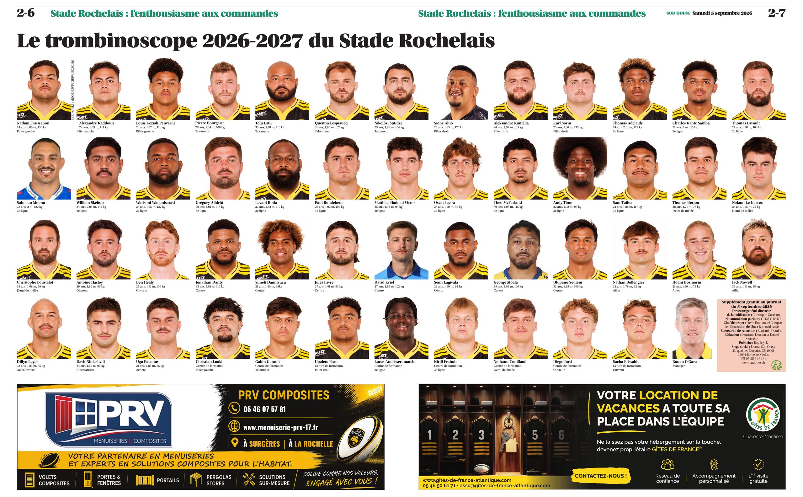 Trombinoscope 2026-2027 de l'équipe du Stade Rochelais avec la présence de PRV Composites parmi les partenaires.