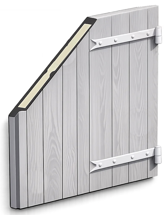 Schéma en coupe d'un volet composite PRV ISOCOULEURS® : panneau sandwich isolant, avec les repères A à F de la légende